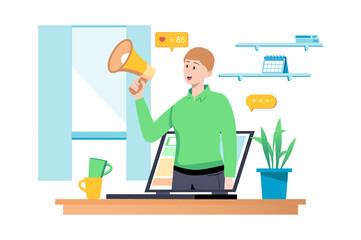 Social media concept with people scene in flat cartoon style. Man uses mass media to interact with society and share his ideas and activities.