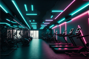 Modern Gym, Neon Illuminated, Futuristic, Cardio and Strength Training, Generative ai