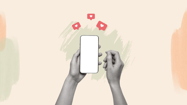 Creative trend abstract template collage of woman hand arm algorithm giving likes hearts reaction social media mobile phone smm strategy successful blogger.