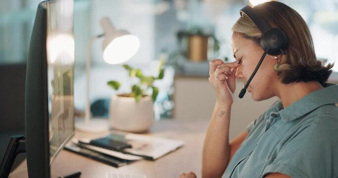 Tired, headache and call center woman stress, fatigue or depression problem in telemarketing sales career. Mental health risk, sad or depressed consultant, financial advisor or telecom agent worker