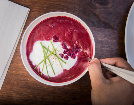 Cup of borscht, New York City, USA