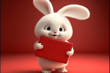 Fototapeta premium Cute Fluffy Lovely white rabbit holding a red billboard in a red background