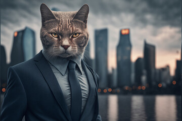 Portrait of a businessman cat in a stylish classic suit against the backdrop of a big city, animal boss in human body, entrepreneur anthropomorphic illustration, art created by ai