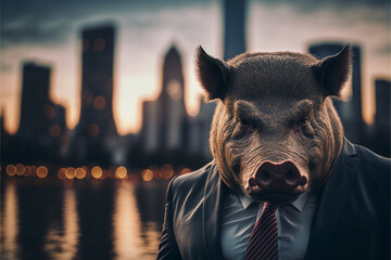 Portrait of a businessman pig in a stylish classic suit against the backdrop of a big city,  animal boss in human body, entrepreneur anthropomorphic illustration, art created by ai