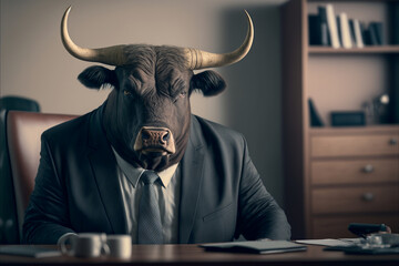 bull businessman in a stylish classic suit in the office, animal boss in human body, entrepreneur anthropomorphic illustration, art created by ai