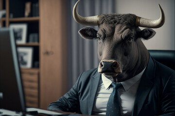 Bull businessman in a stylish classic suit in the office, animal boss in human body, entrepreneur anthropomorphic illustration, concept business, art created by ai