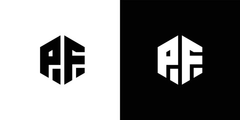 Letter P F polygon, Hexagonal minimal and professional logo design on black and white background