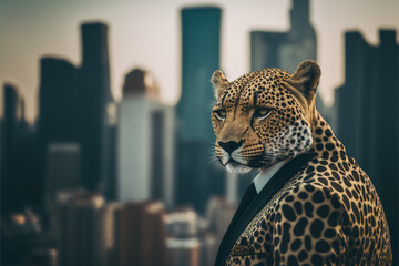Portrait of a leopard businessman in a stylish classic suit against the backdrop of a big city, animal boss in human body, entrepreneur anthropomorphic illustration, art created by ai - obrazy, fototapety, plakaty