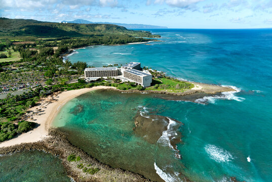 Helicopter overview of Turtle Bay Resort on north shore of Oahu