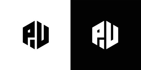 Letter P V polygon, Hexagonal minimal and professional logo design on black and white background