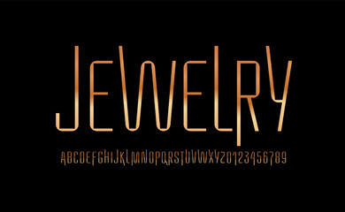 Condensed gold font, narrow golden alphabet, modern letters and numbers