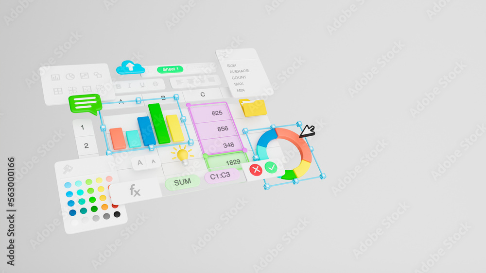 Poster Spreadsheets graphs charts table data business financial report analysis screen software accounting management marketing document growth diagram planning calculate budget statistics. 3d rendering.