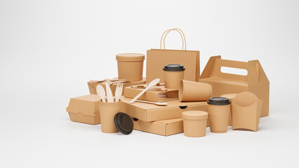 Packaging product brown craft cardboard paper eco mockup catering and street fast food boxes cups carton bag recycling delivery service disposable. 3d rendering.