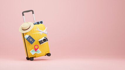 Traveler tourist accessories luggage suitcase sun glasses hat camera passport tickets vacation holidays trip plane map pin. travel concept. 3d rendering.