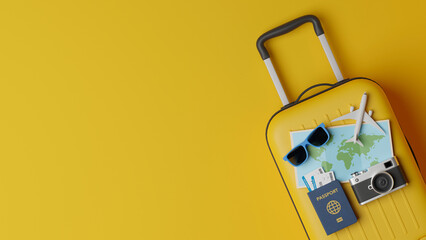 Traveler tourist accessories luggage suitcase sun glasses hat camera passport tickets vacation holidays trip plane map pin. travel concept. 3d rendering. © Chaosamran_Studio