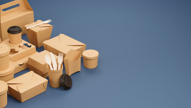 Packaging product brown craft cardboard paper eco mockup catering and street fast food boxes cups carton bag recycling delivery service disposable. 3d rendering.
