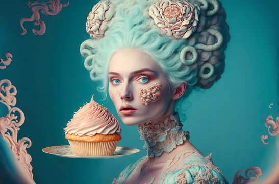 Rococo Woman Enjoying Pastries and Tea Time. Generative AI, non-existent person. 