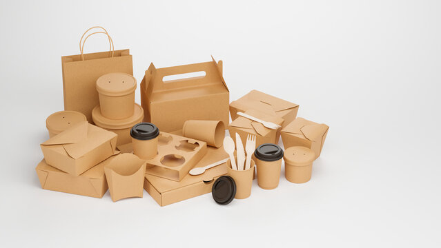 Packaging product brown craft cardboard paper eco mockup catering and street fast food boxes cups carton bag recycling delivery service disposable. 3d rendering.