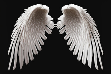 Isolated white angel wing black background realistic, Generative AI