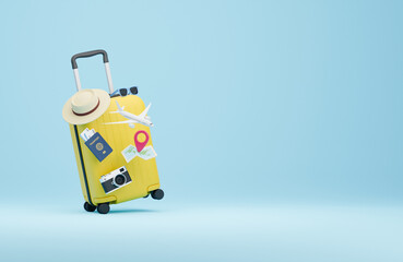 Traveler tourist accessories luggage suitcase sun glasses hat camera passport tickets vacation holidays trip plane map pin. travel concept. 3d rendering.