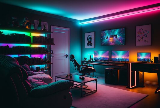 Gamer workspace with RGB lights, neon colors. Video game streamer. Modern workspace with computer on the desk. Generative AI.