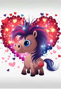 Happy pony in pink hearts. Valentine's Day. AI generated