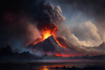 Vulcan eruption with lava and magma fire explosion from the cater
