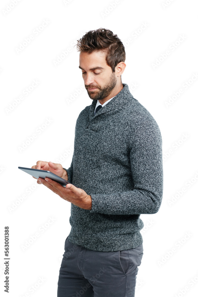 Poster serious, business man on tablet for research, social media content or networking in white background
