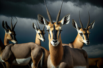 A herd of springbok (medium sized antelope) looking at the camera. Wild african animals. Digital art - obrazy, fototapety, plakaty