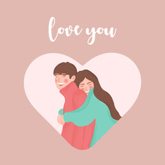 Valentine's day greeting card. Love couple hugging.Enamored characters. Romantic relationship, tenderness concept. Flat graphic vector illustration.