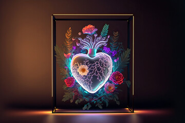 Frame with Neon heart and exotic flower ornament. Digital art