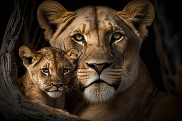 Lioness mother with young cub snuggling in to her. Digital art - obrazy, fototapety, plakaty