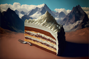 Giant piece of cake dessert served on the mountains advertising mockup food design