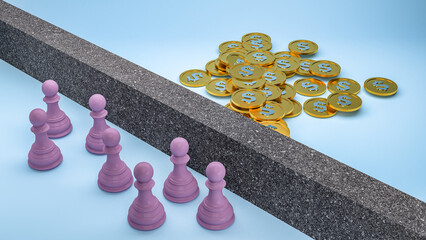 A group of purple chess pieces blocked by a barrier wall to a pile of coins money with a dollar sign gold colour 3d illustration