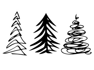 A set of coniferous trees hand-drawn. Spruce, pine. Vector hand-drawn doodles. Template design, clipart, logo, icon, sketch.