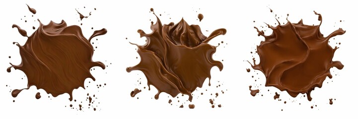 A collection of realistic illustrations of chocolate cream with splashes isolated on a white background, suitable for showcasing delicious food products. Generative AI.