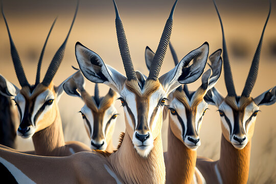 A herd of springbok (medium sized antelope) looking at the camera. Wild african animals. Digital art