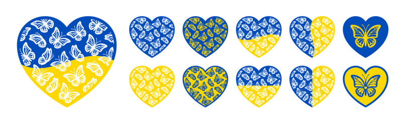 Set of heart contour sticker with butterfly pattern for Ukraine support. Save Ukraine icon is a patriotic concept symbol. Flat design style vector illustration in the colors of the Ukrainian flag
