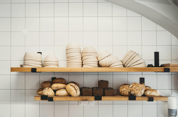 Interior details at the bakery and coffee shop. Zero waste shop or sustainable local small...