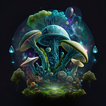 Psychedelic Landscape, Mushroom Forest - AI-Generated Digital Art