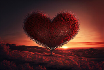 Fototapeta premium Heart Tree Love For Nature Red Landscape At Sunset in the desert. Generative AI.