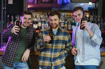 Young men in casual clothes are talking, laughing and drinking while sitting at bar counter in pub