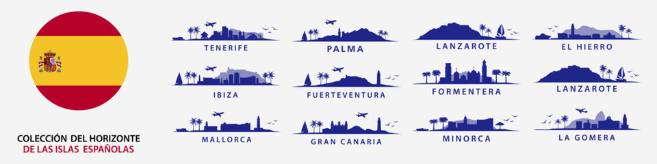 Colección de paisajes españoles de islas en España, como Ibiza, Tenerife, Las Palmas, Gran Canaria, Menorca, Formentera, Lanzarote, Fuerteventura