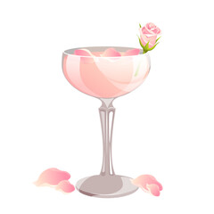 Cocktail with a rose.Pink cocktail decorated with rose petals. Vector illustration isolated on a white background.