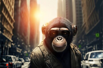 Stylish fashion monkey, chimpanzee walking in the street Cinematic landscape. Generative ai
 - obrazy, fototapety, plakaty
