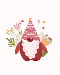 A beautiful postcard with a cute gnome holding a bouquet of flowers. Romantic day of St. Valentine Bright illustrations for thank you cards, birthdays, posters, banners, etc. Vector.