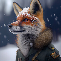 The character is a fox in the cyberpunk style in winter.
