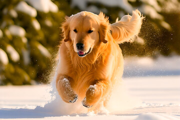 A Hovawart dog running through the snow.