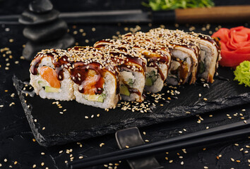 sushi rolls with salmon and avocado