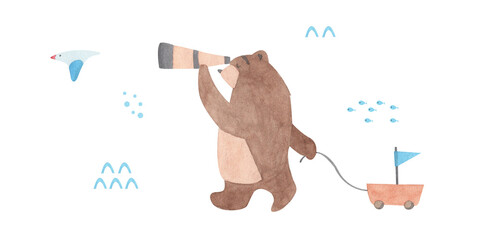 Watercolor bear with spyglass and ship toy - nursery nautical boy collection on transparent background, png illustration for baby shower, invitations, posters